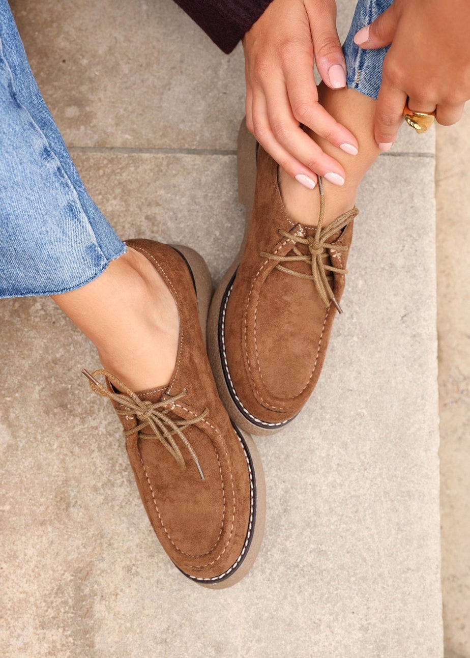 Linzi Perth Tan Faux Suede Laced Chunky Loafer