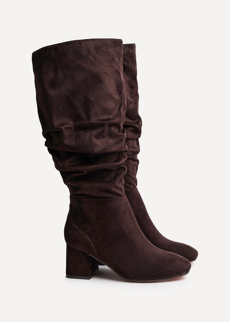 Linzi Inferno Wide Fit Brown Faux Suede Ruched Long Heeled Boot