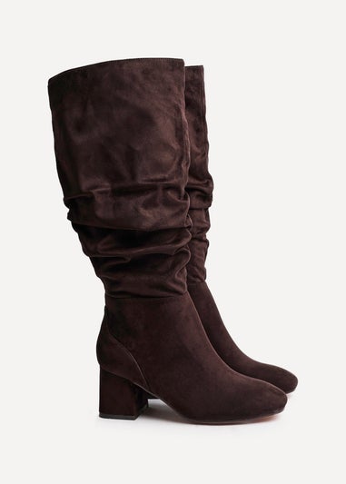 Linzi Inferno Wide Fit Brown Faux Suede Ruched Long Heeled Boot