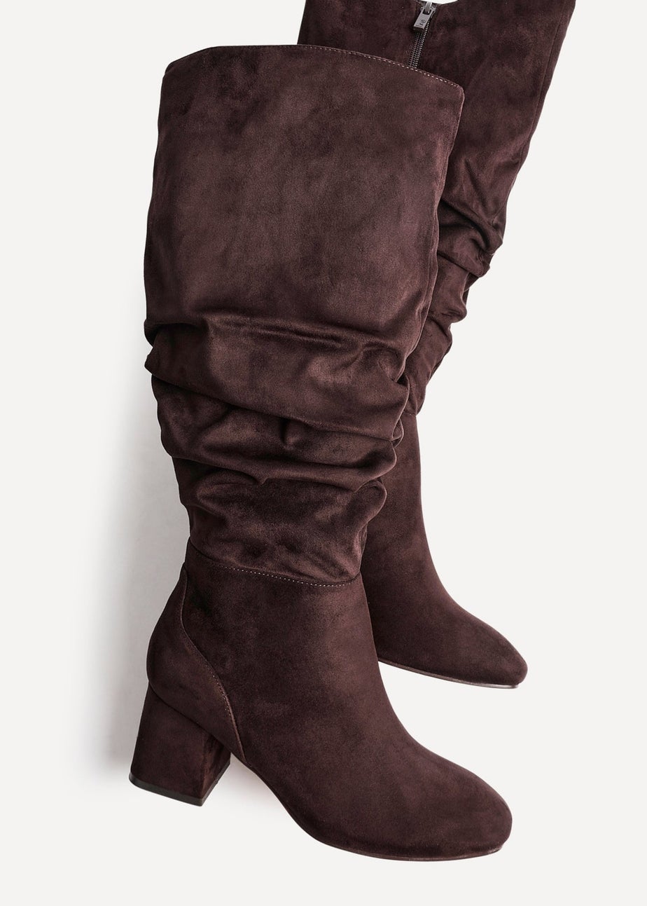 Linzi Inferno Wide Fit Brown Faux Suede Ruched Long Heeled Boot