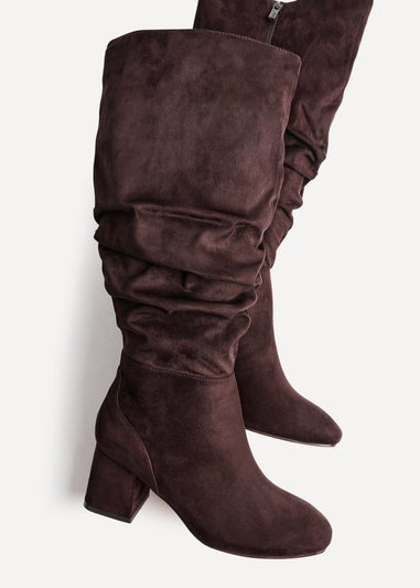 Linzi Inferno Wide Fit Brown Faux Suede Ruched Long Heeled Boot