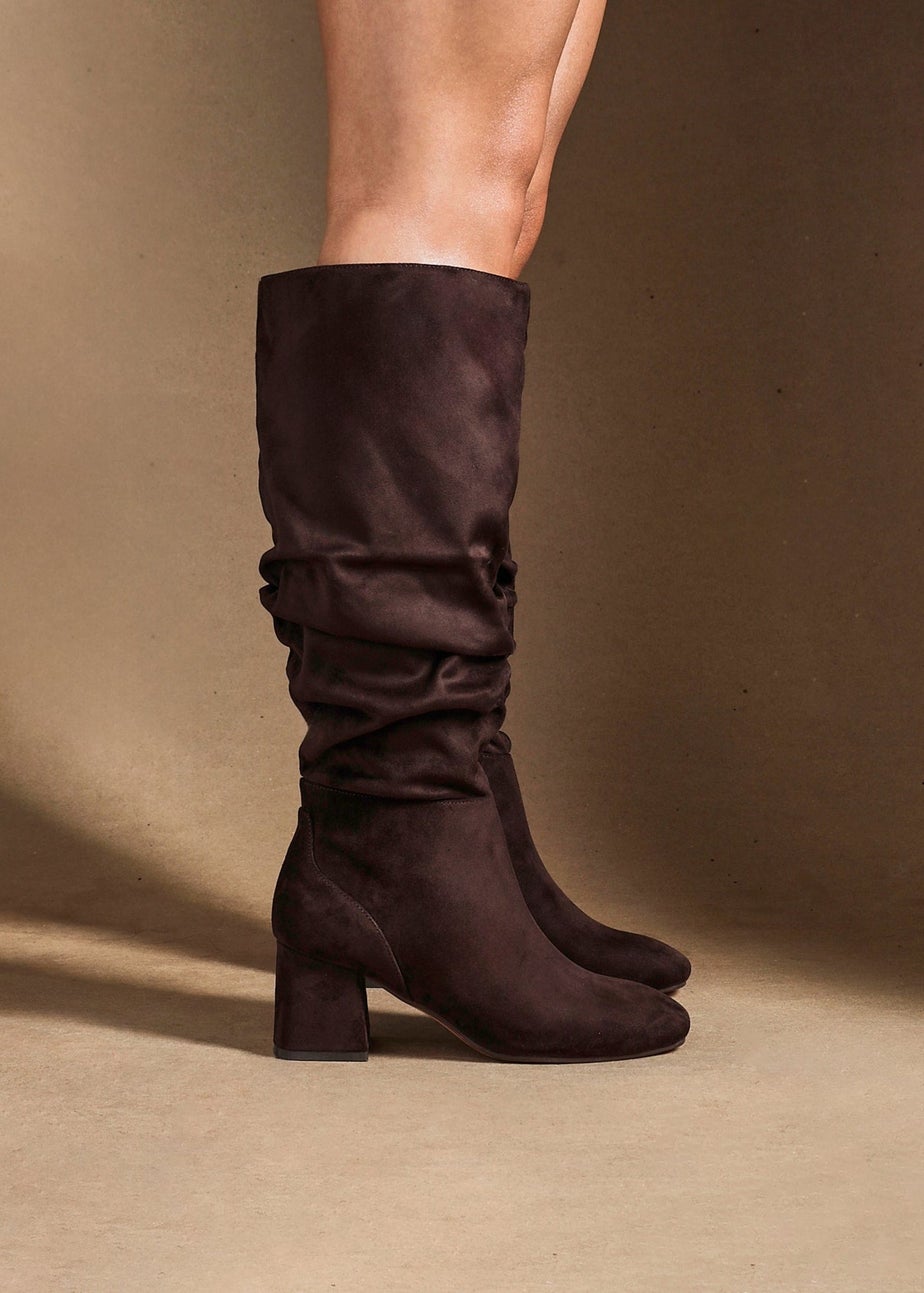 Linzi Inferno Wide Fit Brown Faux Suede Ruched Long Heeled Boot