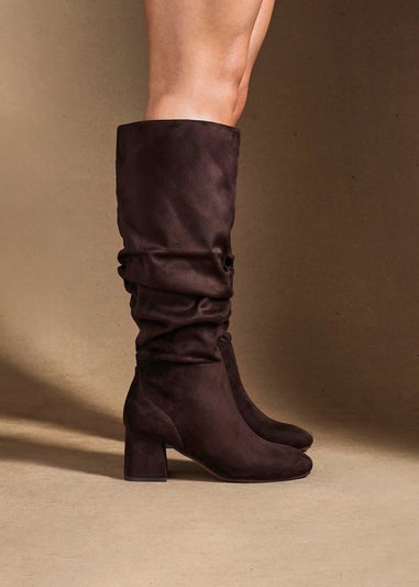Linzi Inferno Wide Fit Brown Faux Suede Ruched Long Heeled Boot