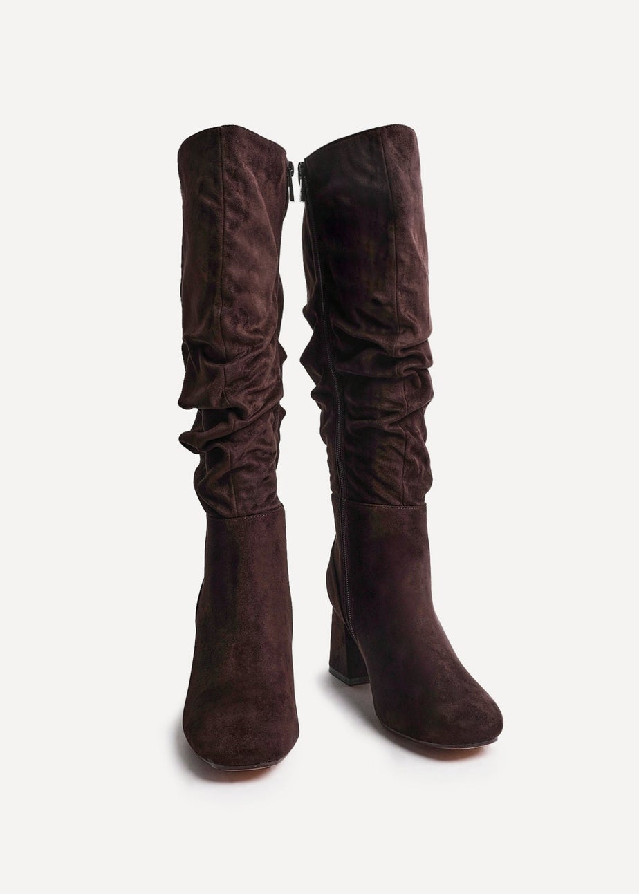 Linzi Inferno Wide Fit Brown Faux Suede Ruched Long Heeled Boot