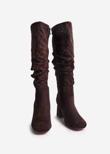 Linzi Inferno Wide Fit Brown Faux Suede Ruched Long Heeled Boot
