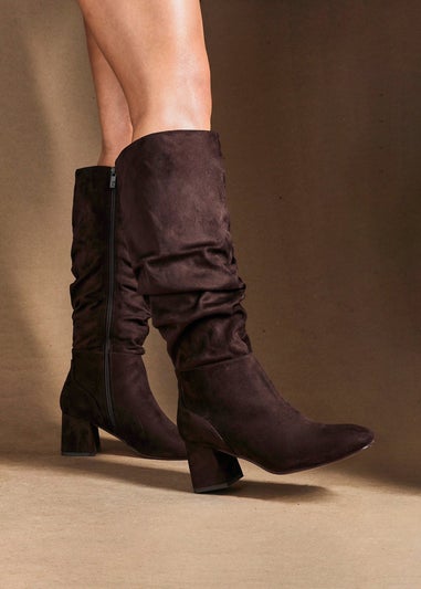 Linzi Inferno Wide Fit Brown Faux Suede Ruched Long Heeled Boot