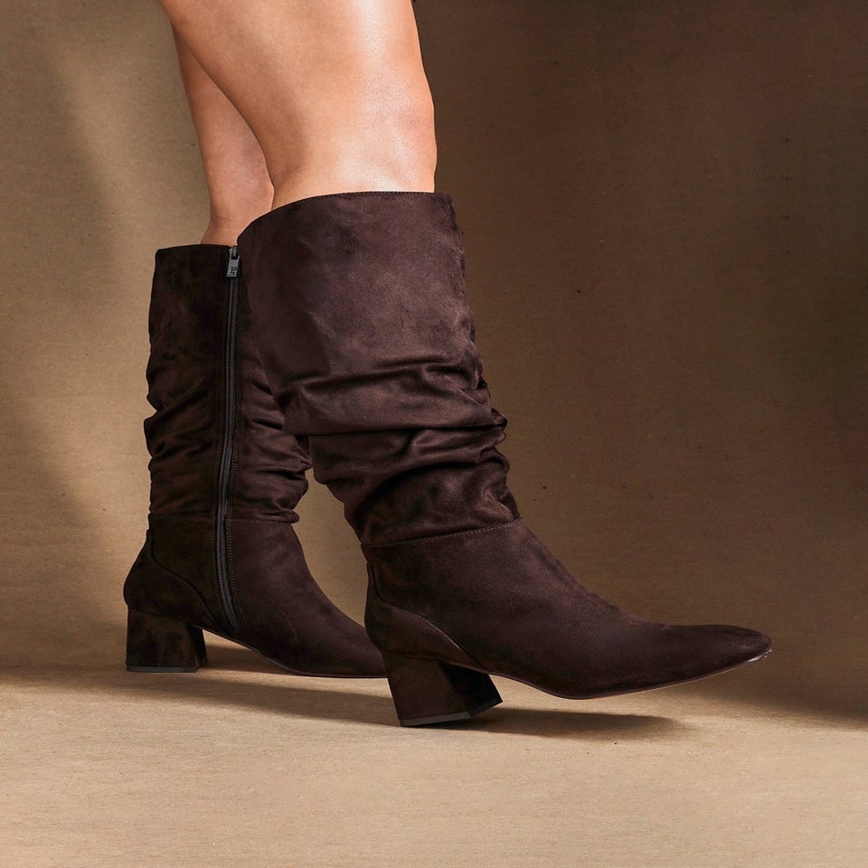 Linzi Inferno Wide Fit Brown Faux Suede Ruched Long Heeled Boot