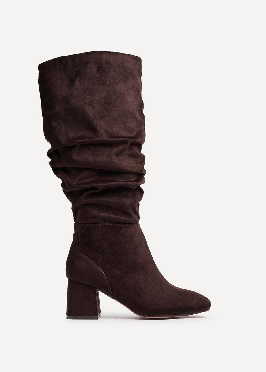 Linzi Inferno Wide Fit Brown Faux Suede Ruched Long Heeled Boot