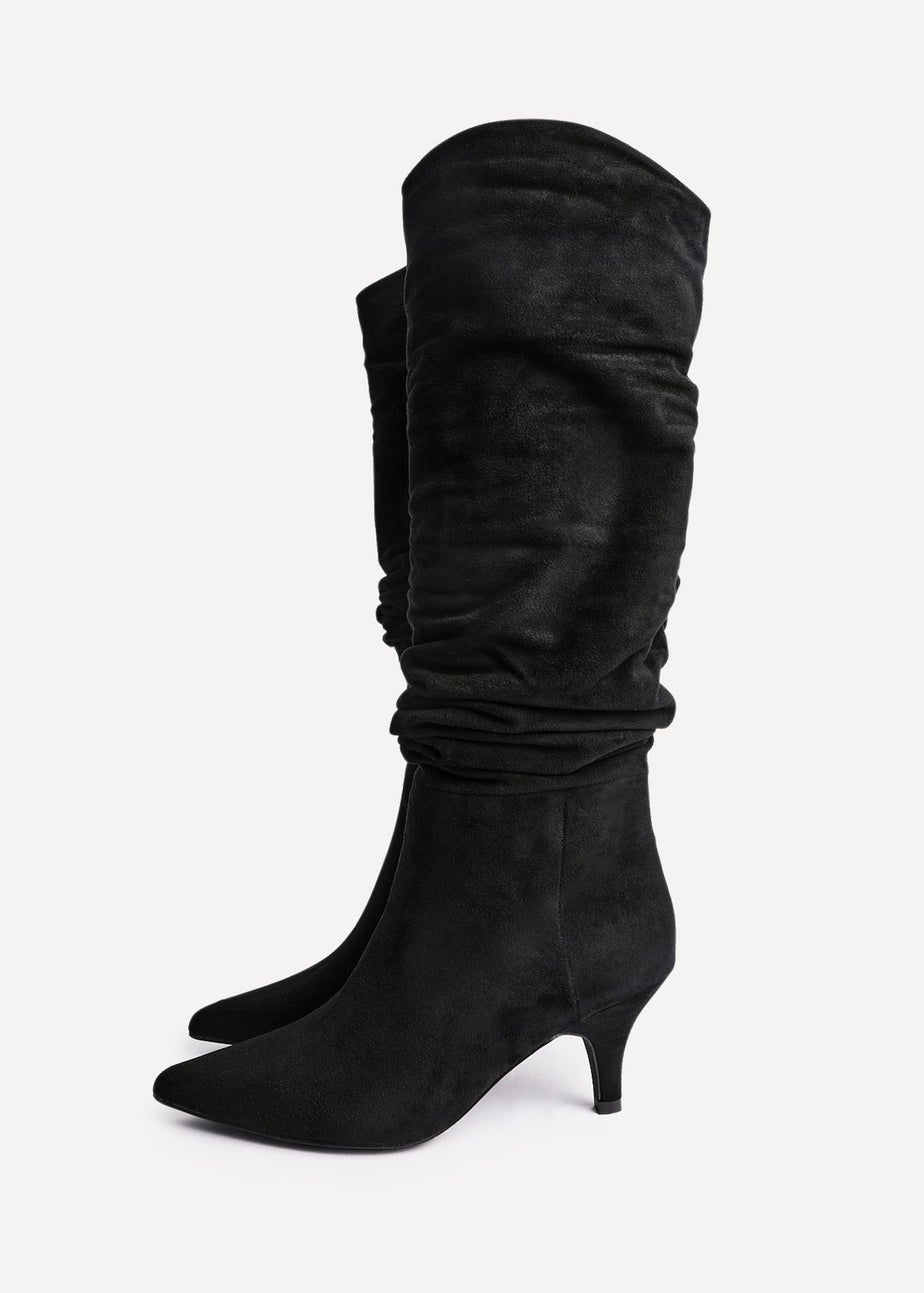 Linzi Esteem Black Faux Suede Ruched Kitten Heel Knee High Boot