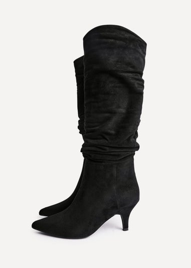 Linzi Esteem Black Faux Suede Ruched Kitten Heel Knee High Boot