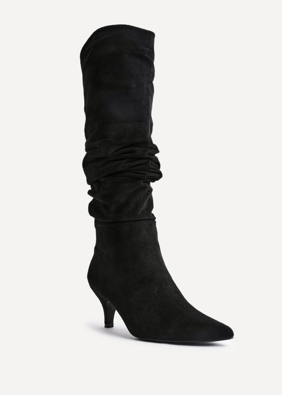Linzi Esteem Black Faux Suede Ruched Kitten Heel Knee High Boot