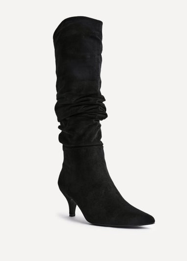 Linzi Esteem Black Faux Suede Ruched Kitten Heel Knee High Boot
