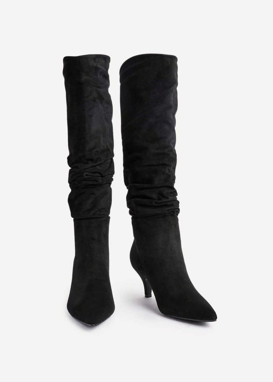 Linzi Esteem Black Faux Suede Ruched Kitten Heel Knee High Boot