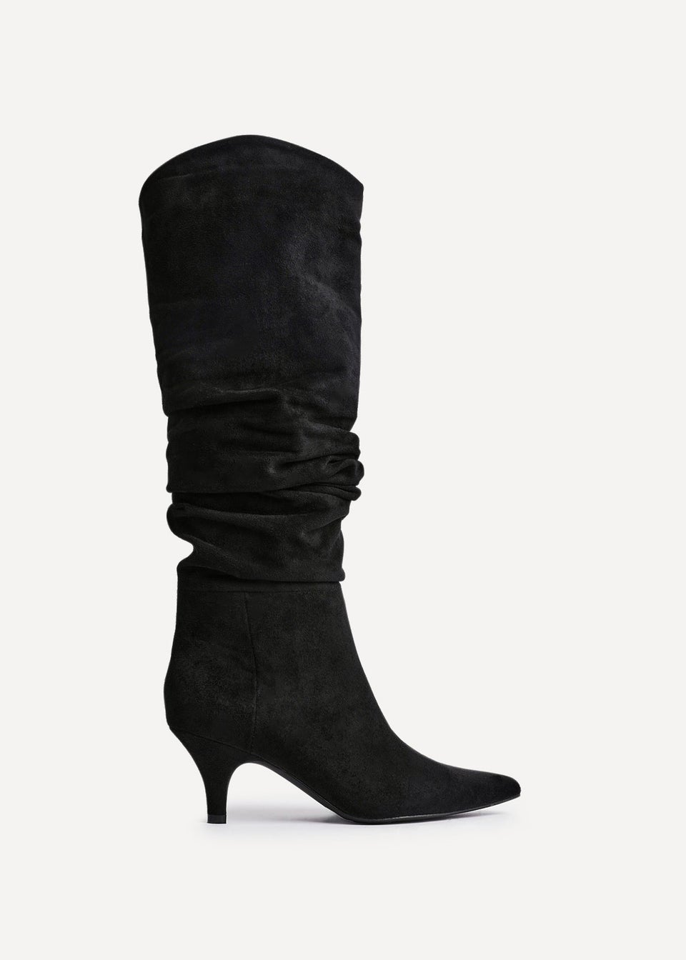 Linzi Esteem Black Faux Suede Ruched Kitten Heel Knee High Boot