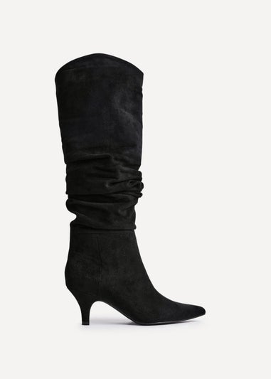 Linzi Esteem Black Faux Suede Ruched Kitten Heel Knee High Boot