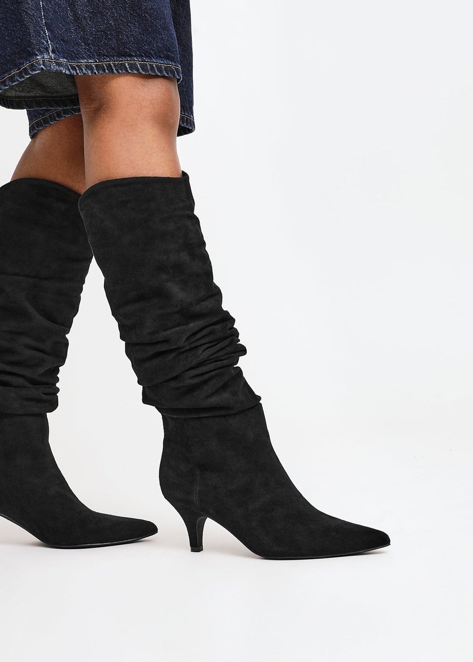 Linzi Esteem Black Faux Suede Ruched Kitten Heel Knee High Boot