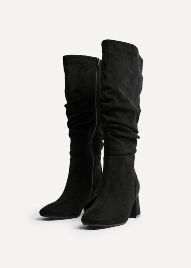 Linzi Inferno Wide Fit Black Faux Suede Ruched Long Heeled Boot