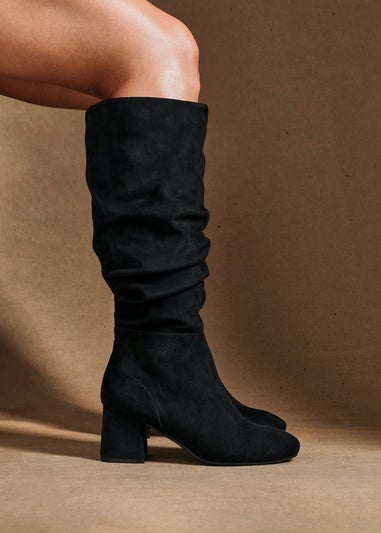 Linzi Inferno Wide Fit Black Faux Suede Ruched Long Heeled Boot