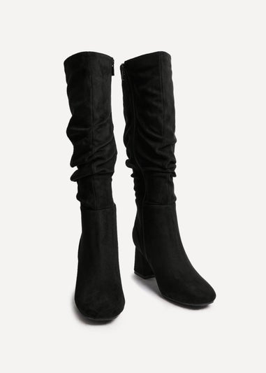 Linzi Inferno Wide Fit Black Faux Suede Ruched Long Heeled Boot