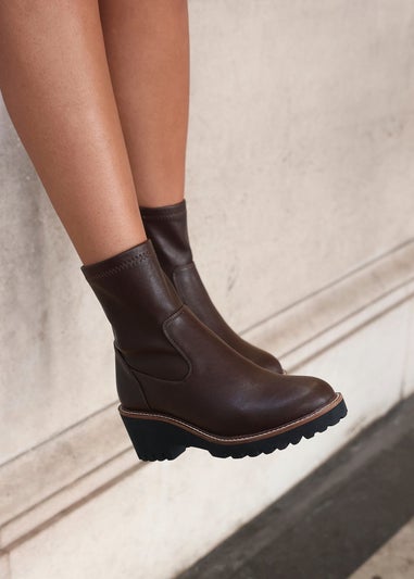 Linzi Trish Brown Faux Leather Wedged Heel Ankle Boot