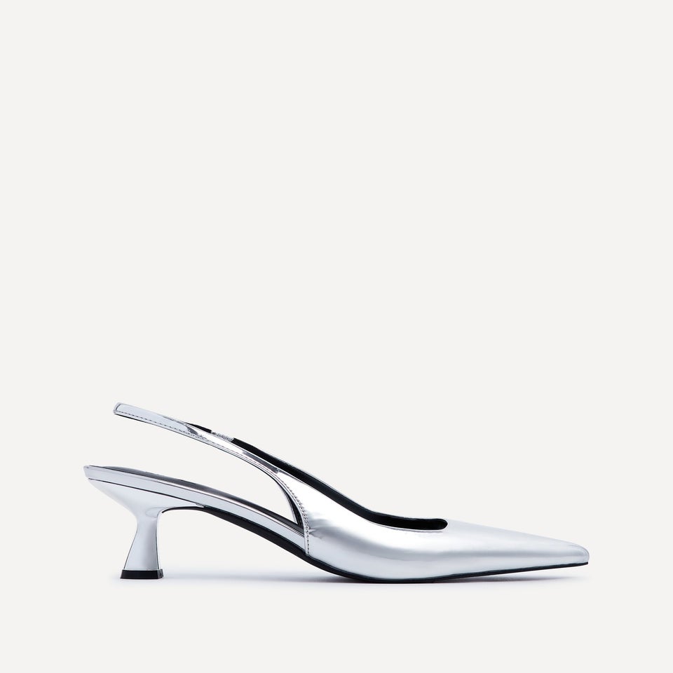 Linzi Presley Silver Chrome Sling Back Low Court Heel