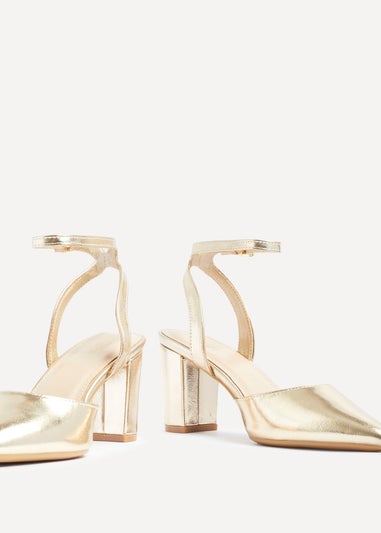 Linzi Rendall Gold Faux Leather Open Back Block Heeled Court Shoe