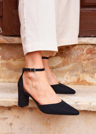 Linzi Leona Black Faux Suede Closed Back Block Heeled Court Shoe