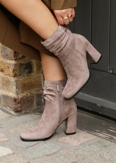 Linzi Mila Mocha Faux Suede Ruched Square Toe Block Heeled Ankle Boot