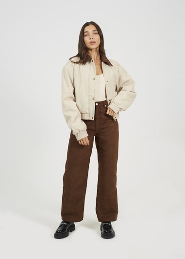 Brave Soul Stone Twill Bomber Style Jacket with Cord Collar