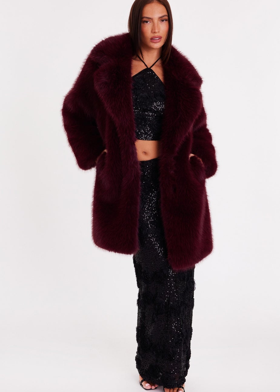 Quiz Burgundy Faux Fur Longline Coat