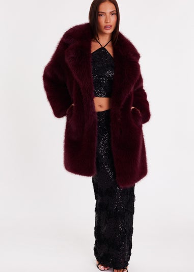 Quiz Burgundy Faux Fur Longline Coat
