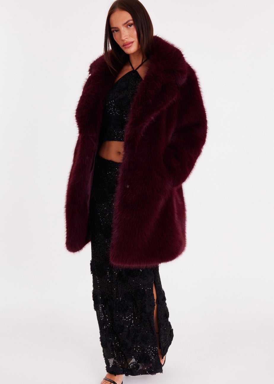 Quiz Burgundy Faux Fur Longline Coat