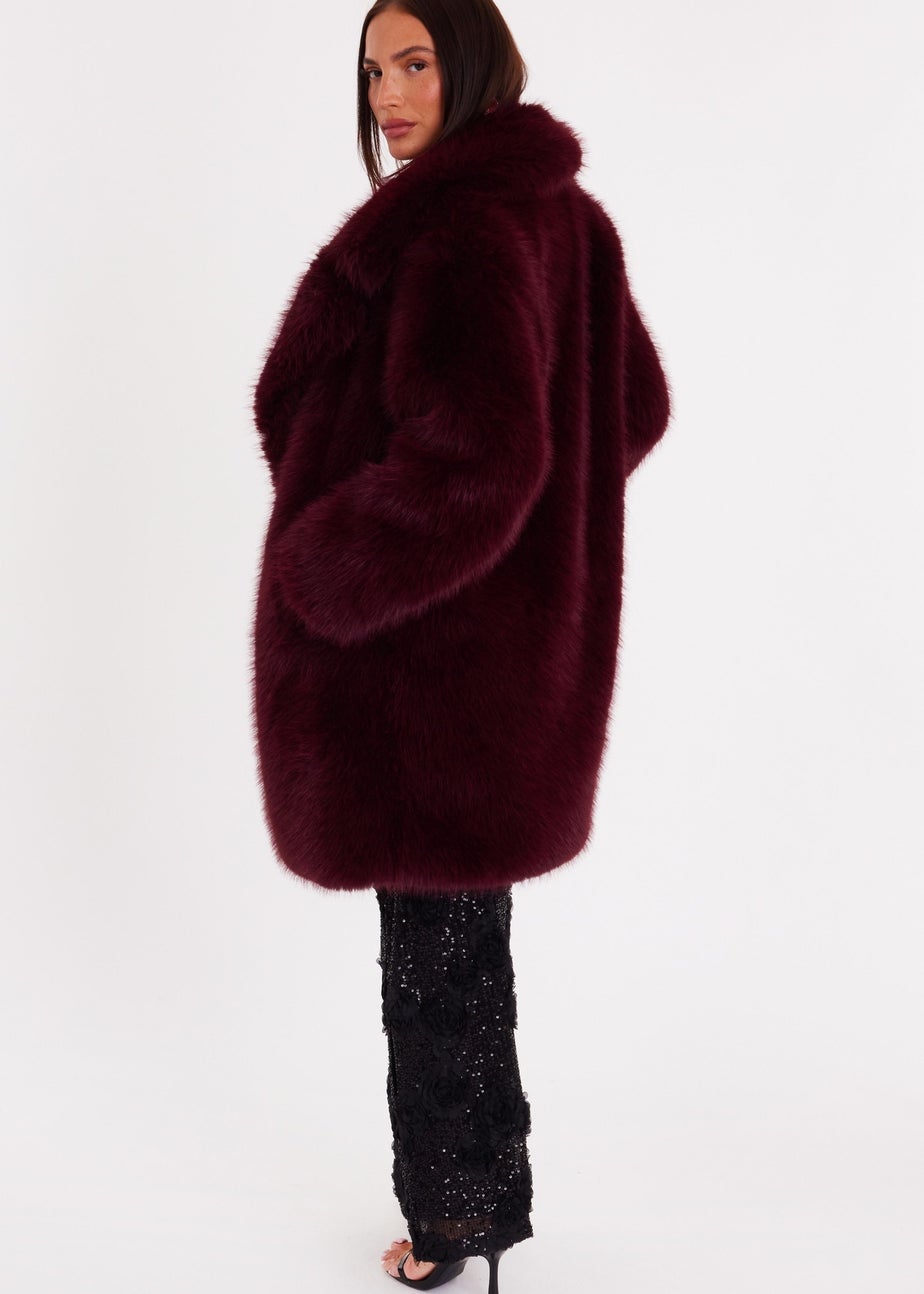 Quiz Burgundy Faux Fur Longline Coat