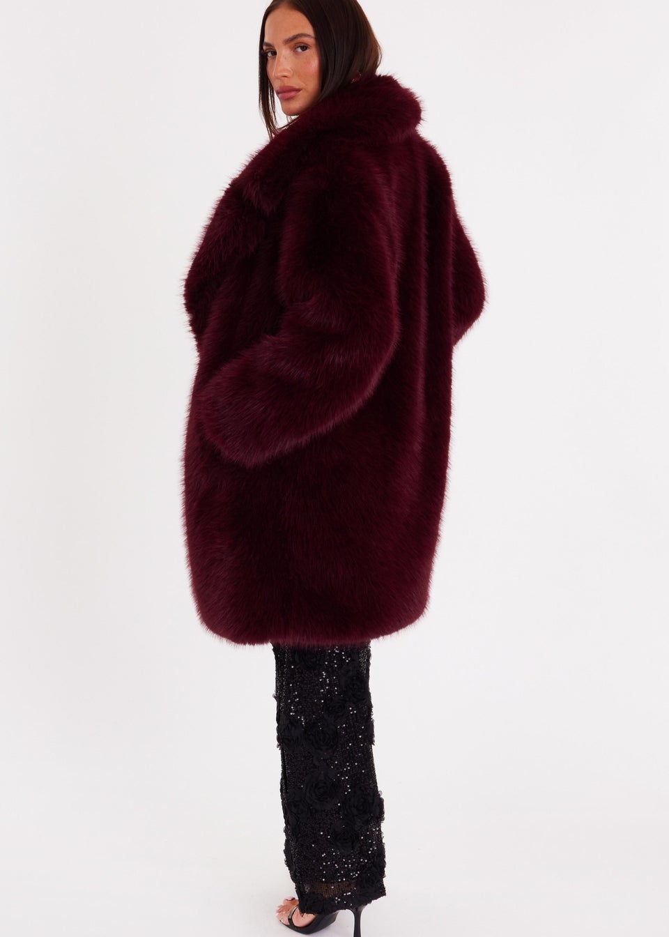 Quiz Burgundy Faux Fur Longline Coat