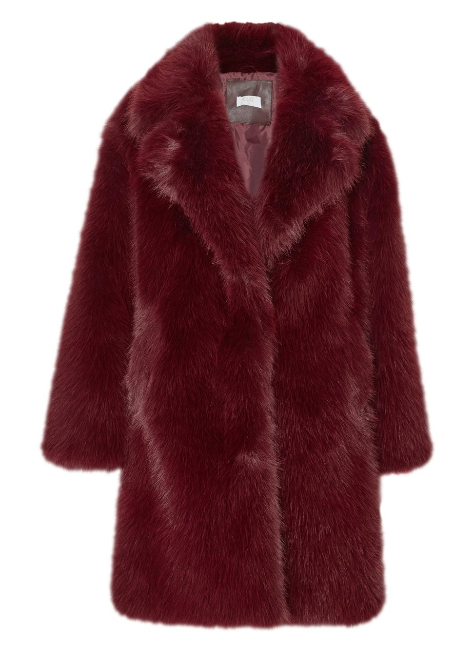Quiz Burgundy Faux Fur Longline Coat