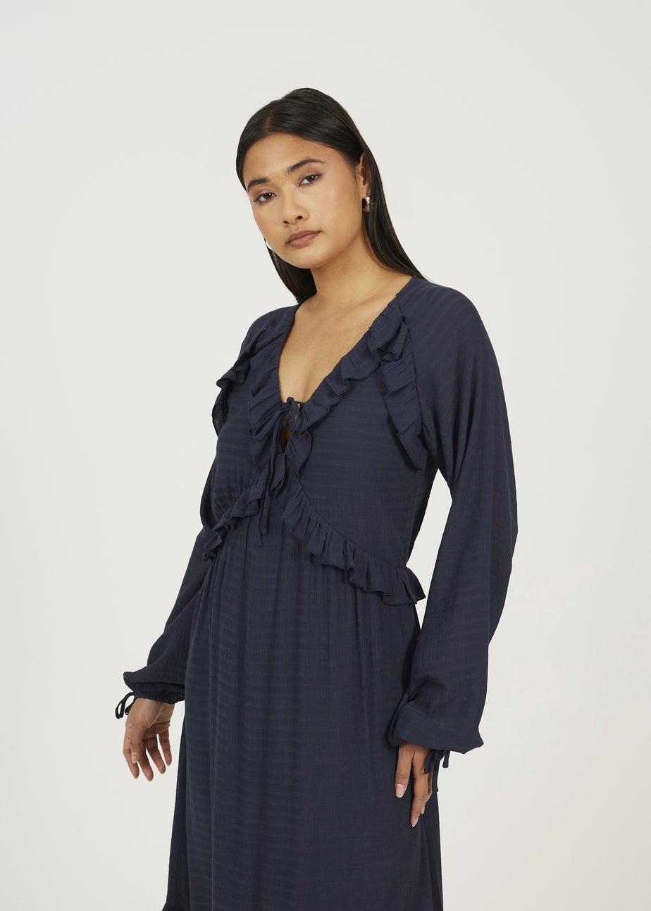 Brave Soul Navy Long Sleeve Maxi Dress With Frill Detail