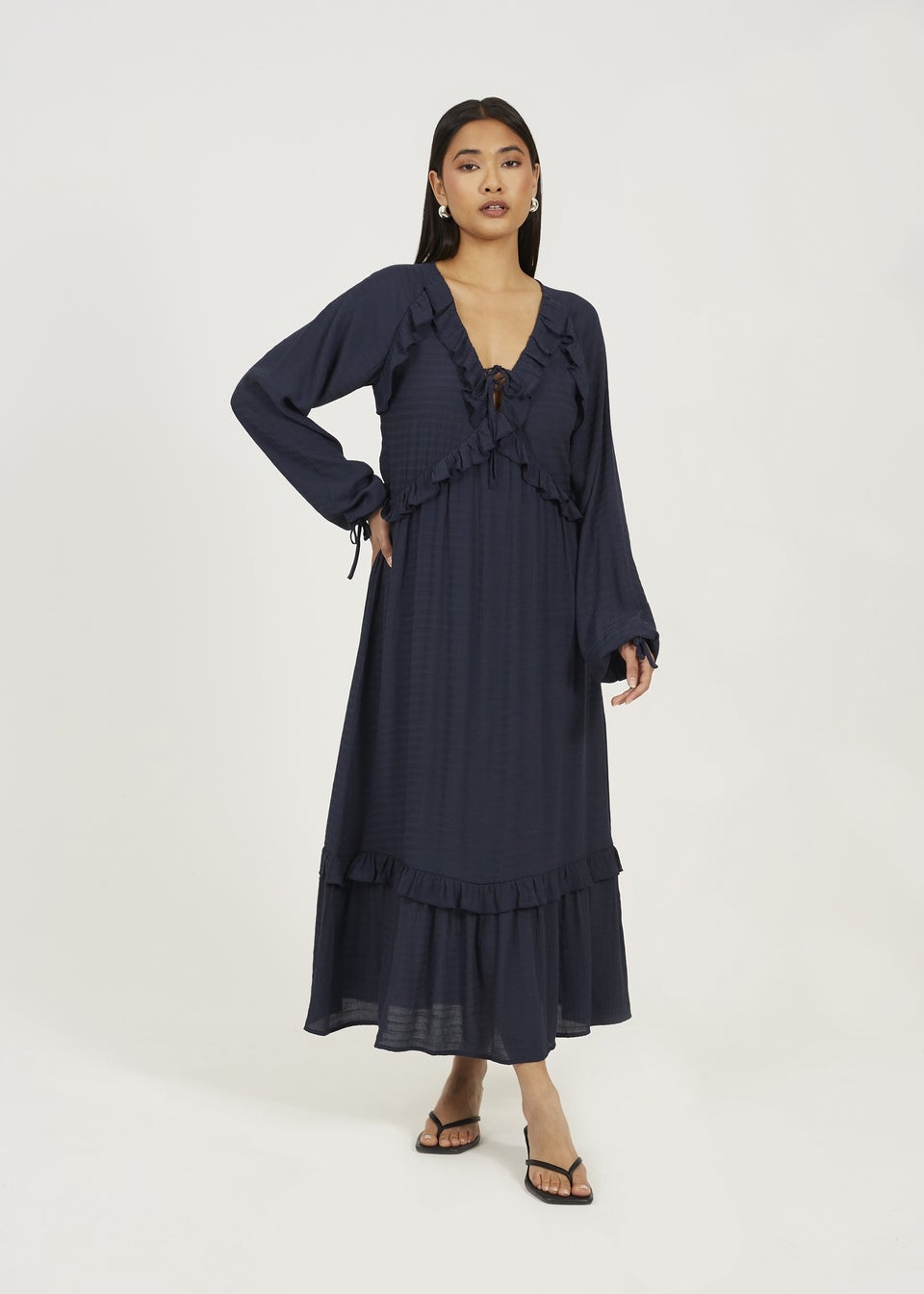 Brave Soul Navy Long Sleeve Maxi Dress With Frill Detail