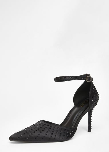 Quiz Black Satin Diamante Court Heels