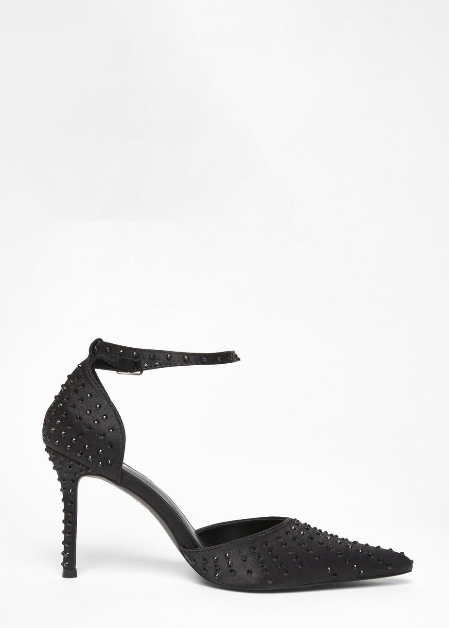 Quiz Black Satin Diamante Court Heels