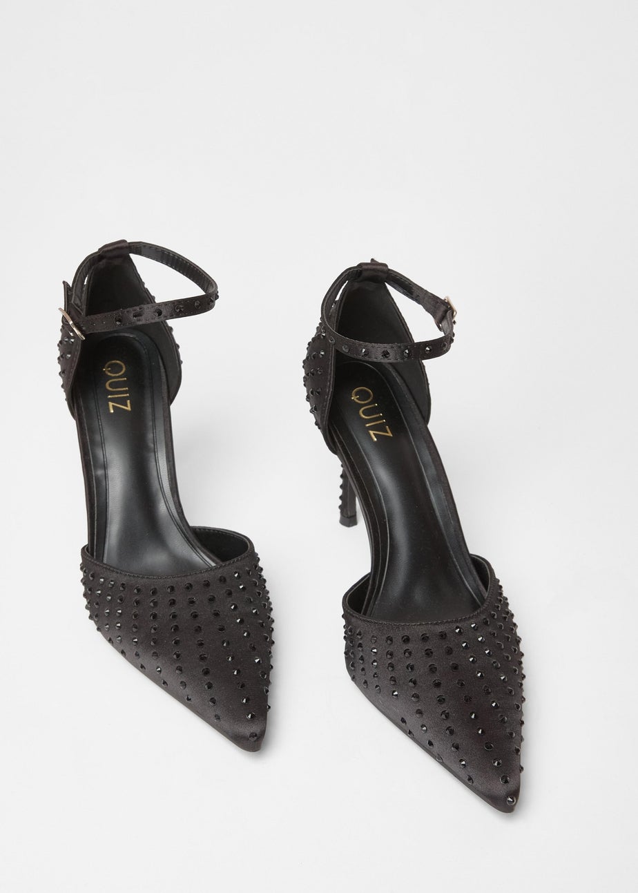 Quiz Black Satin Diamante Court Heels