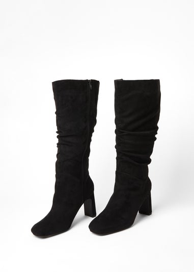 Quiz Black Wide Fit Faux Suede Heeled Boot