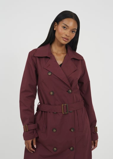 Brave Soul Burgundy Double-Breasted Longline Trench Coat