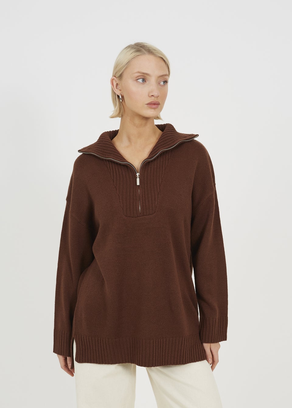 Brave Soul Chocolate Oversized 1/2 Zip Knitted Jumper