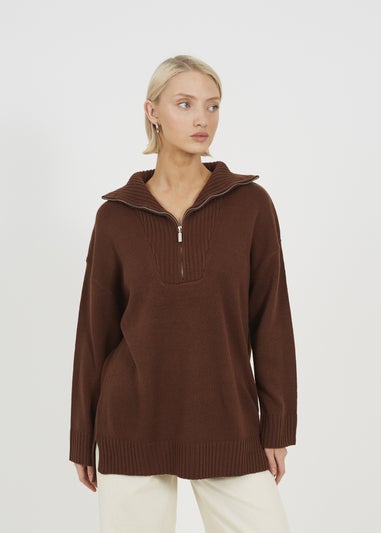 Brave Soul Chocolate Oversized 1/2 Zip Knitted Jumper