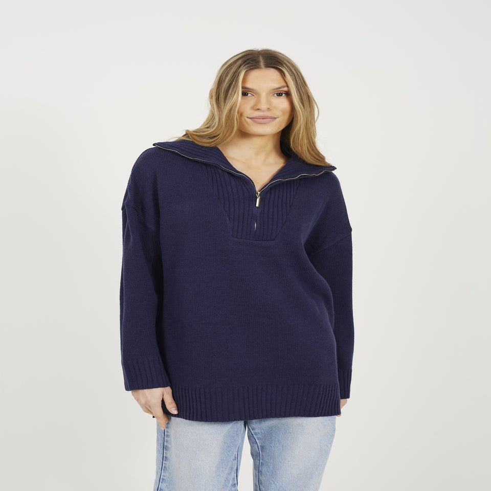 Brave Soul Navy Oversized 1/2 Zip Knitted Jumper