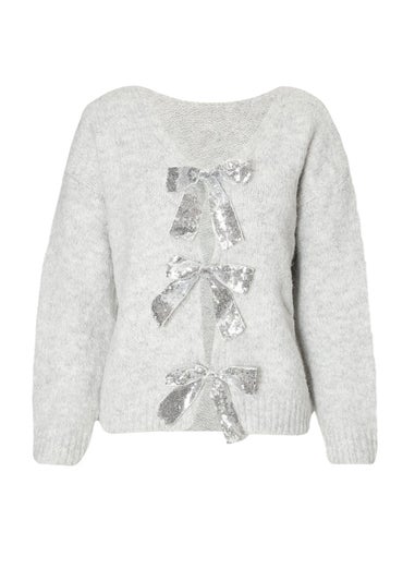 Quiz Grey Sequin Bow Jumper