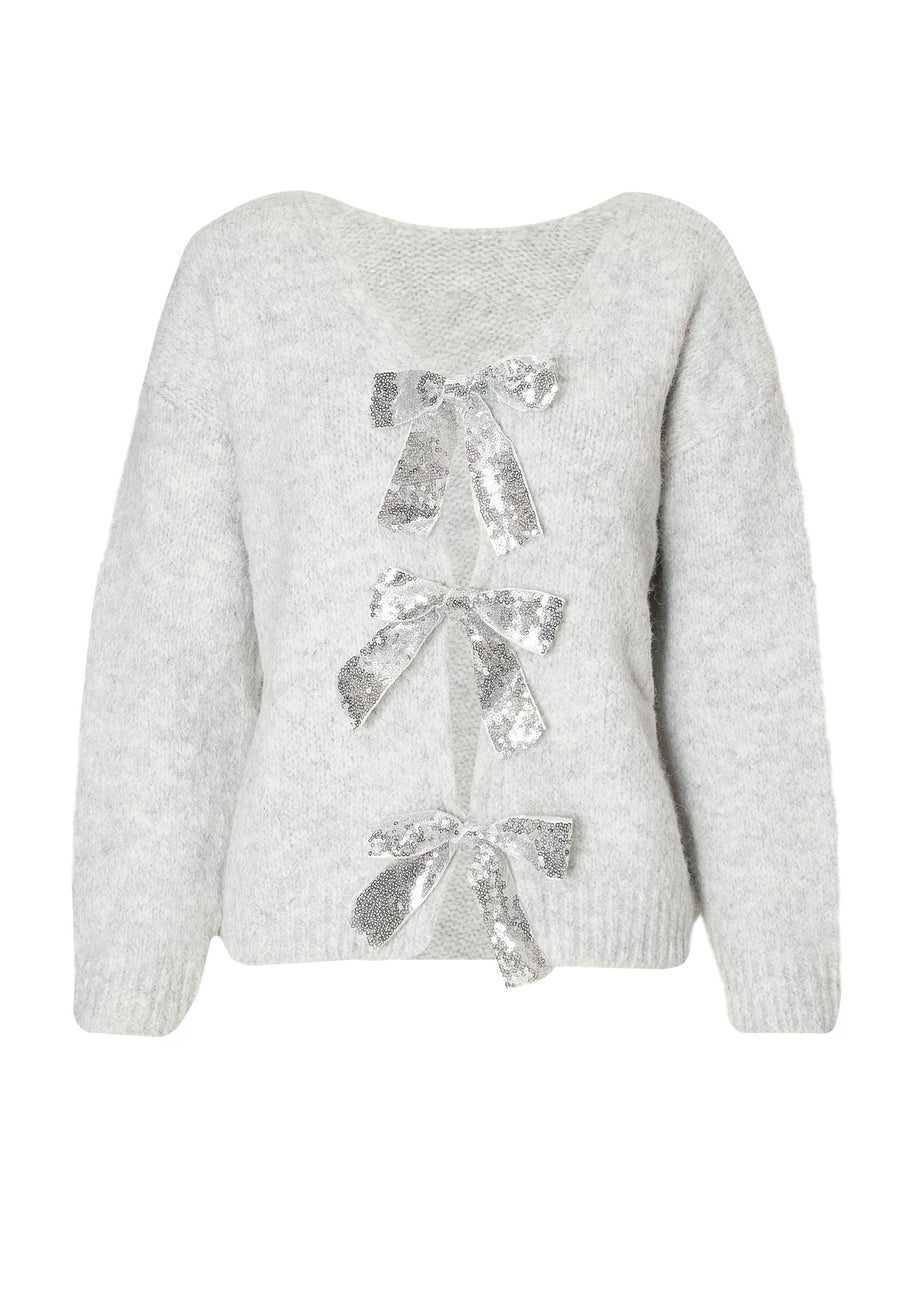 Quiz Grey Sequin Bow Jumper