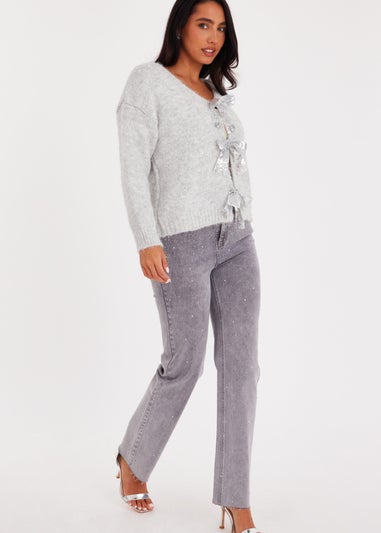 Quiz Grey Sequin Bow Jumper