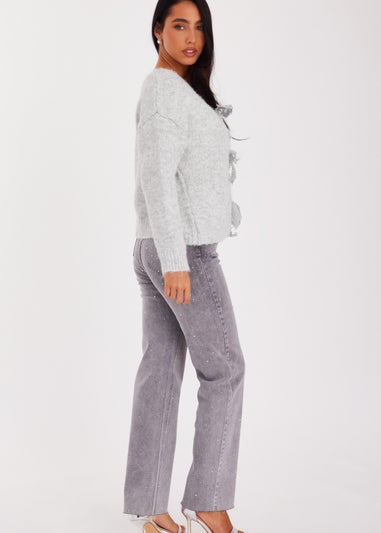 Quiz Grey Sequin Bow Jumper