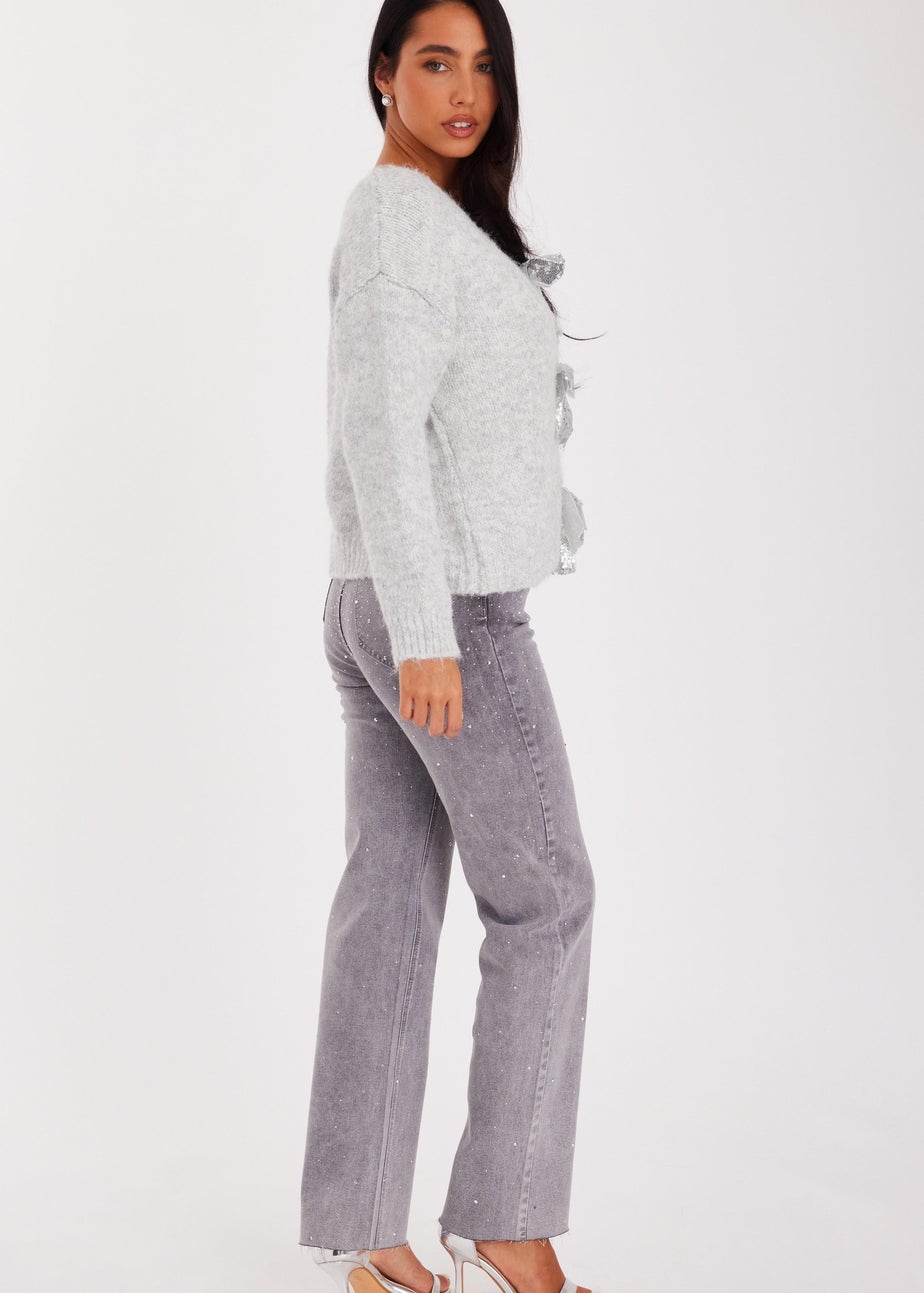 Quiz Grey Sequin Bow Jumper